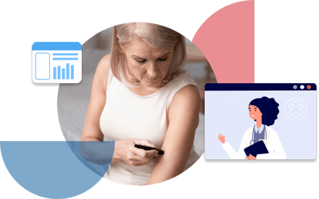 pace-blood sugar senior woman taking blood sugar and telehealth doctor